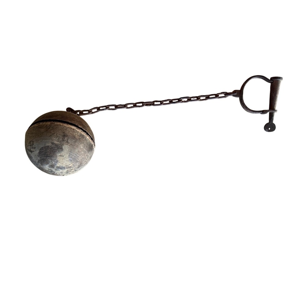 Antique Cow Bell w Chain Hand Grip Primitive 1880–1920 Farm Ranch Rustic‎ Decor